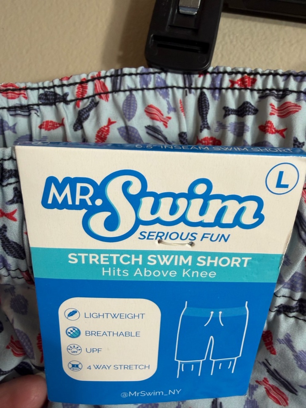 Mr Swim Fish Print Swim Trunks Blue Red Stretch Shorts Size L NWT Dad Style - Picture 5 of 7